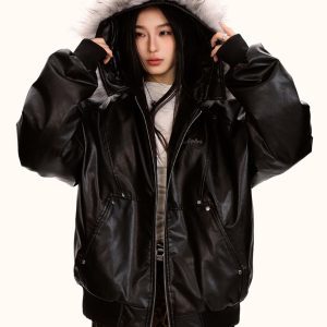 Detachable Fur Collar PU Leather Jacket for Men and Women - Trendy Loose Fit Cotton Coat for Autumn and Winter Fashion