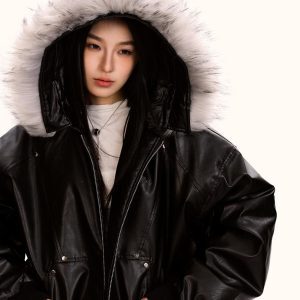 Detachable Fur Collar PU Leather Jacket for Men and Women - Trendy Loose Fit Cotton Coat for Autumn and Winter Fashion