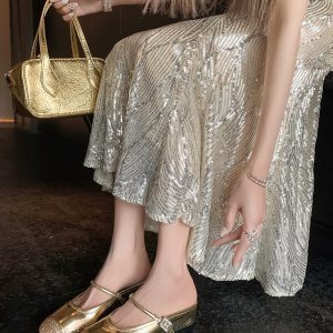 Diamond-Encrusted High-Heeled Mary Jane Shoes with Sequined Gold, High-Increase Design for Outdoor Wear, Y2K Style