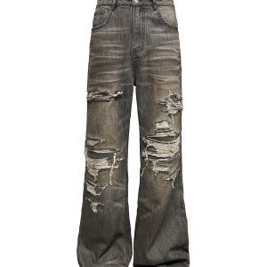 Distressed Black Vintage Jeans with Inner Seam Wash Pad and Oil Stain Detail - Y2K Street Style Denim