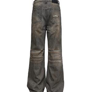 Distressed Black Vintage Jeans with Inner Seam Wash Pad and Oil Stain Detail - Y2K Street Style Denim