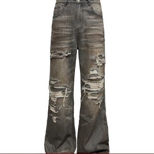 Distressed Black Vintage Jeans with Inner Seam Wash Pad and Oil Stain Detail - Y2K Street Style Denim