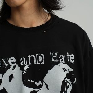 Distressed Dog Bite Print Long Sleeve T-shirt - Handcrafted Short Wide Fit, Trendy Casual Style