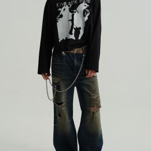 Distressed Dog Bite Print Long Sleeve T-shirt - Handcrafted Short Wide Fit, Trendy Casual Style