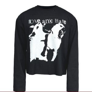 Distressed Dog Bite Print Long Sleeve T-shirt - Handcrafted Short Wide Fit, Trendy Casual Style