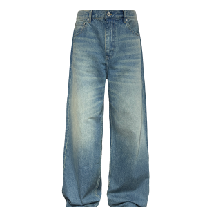Distressed Straight Leg Blue Jeans for Women - Vintage Retro Wash Denim with Natural Whiskers, 90s Inspired Fashion, 13.5OZ