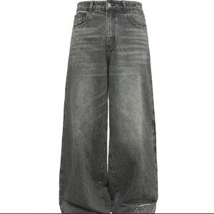 Distressed Wide-Leg Spider Web Jeans in Ash Gray - 14oz Cobweb Denim for Y2K and 90s Style Fashion