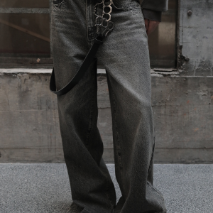 Distressed Wide-Leg Spider Web Jeans in Ash Gray - 14oz Cobweb Denim for Y2K and 90s Style Fashion
