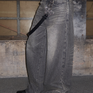 Distressed Wide-Leg Spider Web Jeans in Ash Gray - 14oz Cobweb Denim for Y2K and 90s Style Fashion