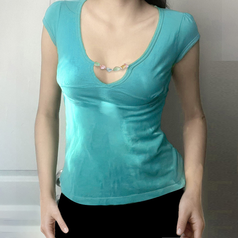 Dopamine Color Slim Fit V-Neck T-Shirt - Vintage Fruit Hard Candy Design, Versatile Stretchy Top for 90s Y2K Fashion