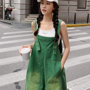 Dopamine Green Denim Overalls for Women - Trendy Summer Style 2025, Stylish Niche Work Shorts with Age-Reducing Appeal