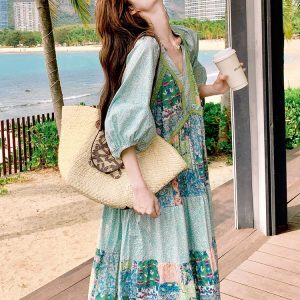 Dopamine Green Floral Patchwork V-Neck Maxi Dress for Women, Unique Loose Fit, Stunning Vacation Ankle-Length Style