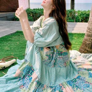Dopamine Green Floral Patchwork V-Neck Maxi Dress for Women, Unique Loose Fit, Stunning Vacation Ankle-Length Style