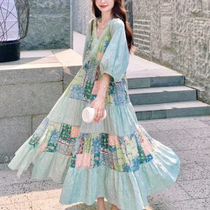 Dopamine Green Floral Patchwork V-Neck Maxi Dress for Women, Unique Loose Fit, Stunning Vacation Ankle-Length Style