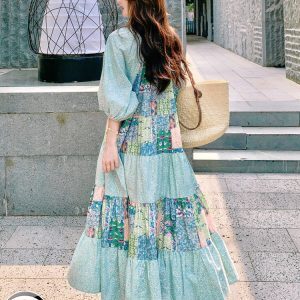 Dopamine Green Floral Patchwork V-Neck Maxi Dress for Women, Unique Loose Fit, Stunning Vacation Ankle-Length Style