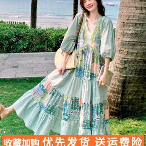 Dopamine Green Floral Patchwork V-Neck Maxi Dress for Women, Unique Loose Fit, Stunning Vacation Ankle-Length Style