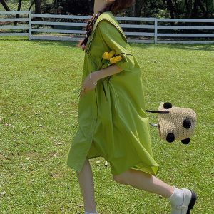 Dopamine Green Navy Collar Shirt Dress for Women - Summer 2025 Loose College Style Doll Dress with Forest Aesthetic