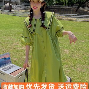 Dopamine Green Navy Collar Shirt Dress for Women - Summer 2025 Loose College Style Doll Dress with Forest Aesthetic