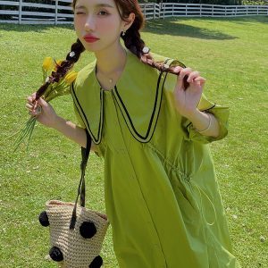Dopamine Green Navy Collar Shirt Dress for Women - Summer 2025 Loose College Style Doll Dress with Forest Aesthetic