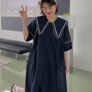 Dopamine Green Navy Collar Shirt Dress for Women - Summer 2025 Loose College Style Doll Dress with Forest Aesthetic