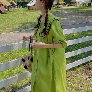 Dopamine Green Navy Collar Shirt Dress for Women - Summer 2025 Loose College Style Doll Dress with Forest Aesthetic
