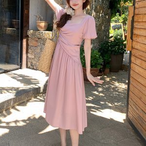 Dopamine Pink Bubble Sleeve Square Neck Dress for Women - Summer Waist-Cinching Irregular Long Vacation Dress, Y2K Style
