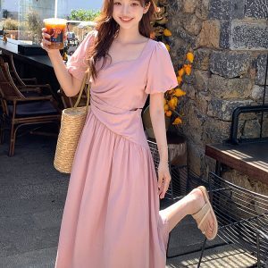 Dopamine Pink Bubble Sleeve Square Neck Dress for Women - Summer Waist-Cinching Irregular Long Vacation Dress, Y2K Style
