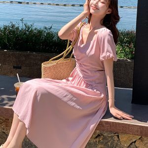 Dopamine Pink Bubble Sleeve Square Neck Dress for Women - Summer Waist-Cinching Irregular Long Vacation Dress, Y2K Style