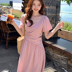 Dopamine Pink Bubble Sleeve Square Neck Dress for Women - Summer Waist-Cinching Irregular Long Vacation Dress, Y2K Style