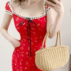 Dopamine Red Cherry Print Floral Spaghetti Strap Mermaid Dress for Women - Summer Vacation Long Skirt Seaside Style