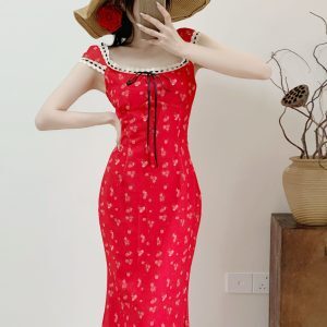 Dopamine Red Cherry Print Floral Spaghetti Strap Mermaid Dress for Women - Summer Vacation Long Skirt Seaside Style