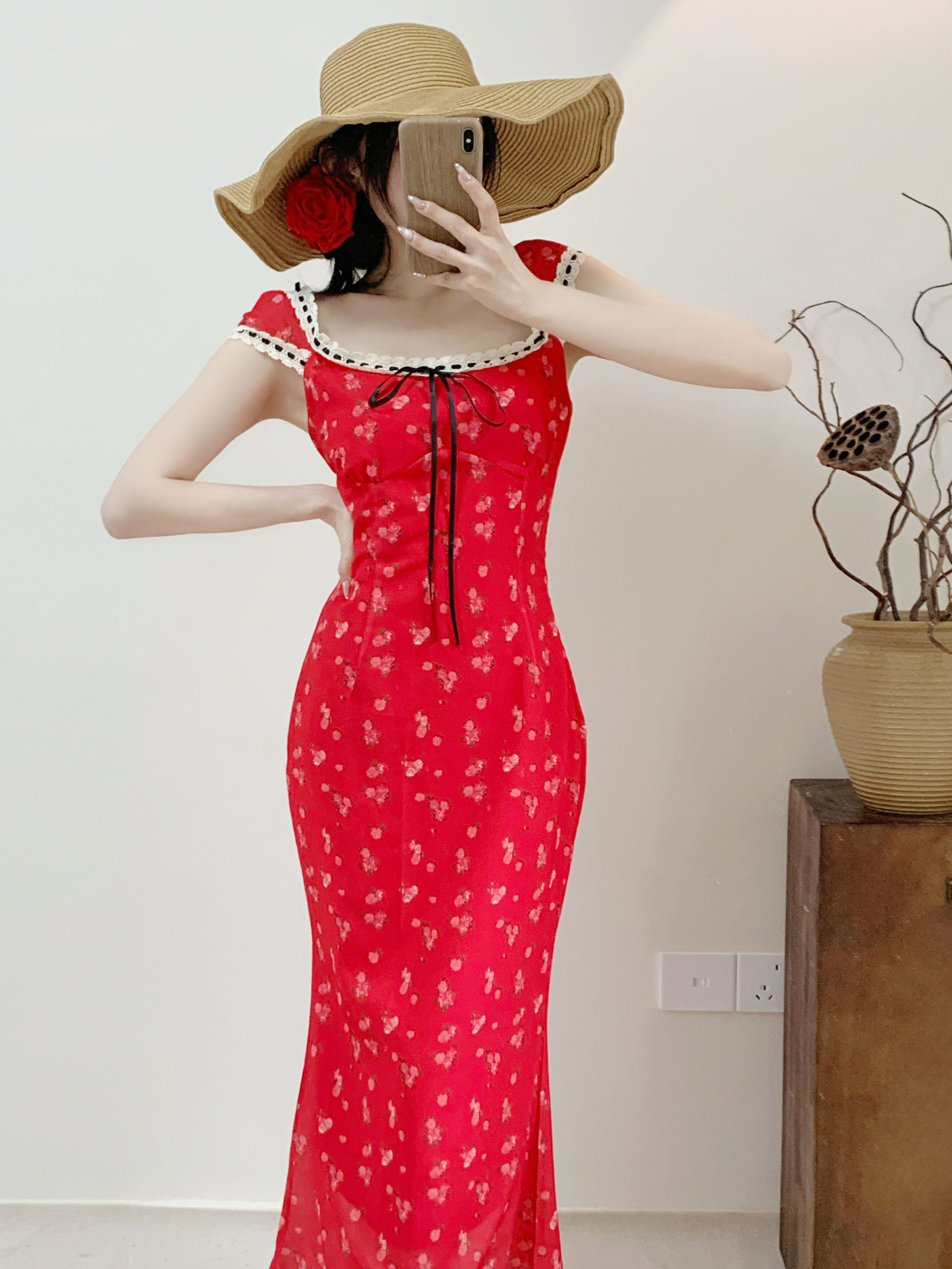 Dopamine Red Cherry Print Floral Spaghetti Strap Mermaid Dress for Women - Summer Vacation Long Skirt Seaside Style