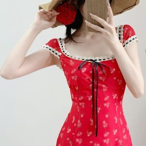 Dopamine Red Cherry Print Floral Spaghetti Strap Mermaid Dress for Women - Summer Vacation Long Skirt Seaside Style
