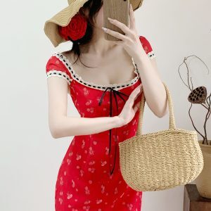 Dopamine Red Cherry Print Floral Spaghetti Strap Mermaid Dress for Women - Summer Vacation Long Skirt Seaside Style