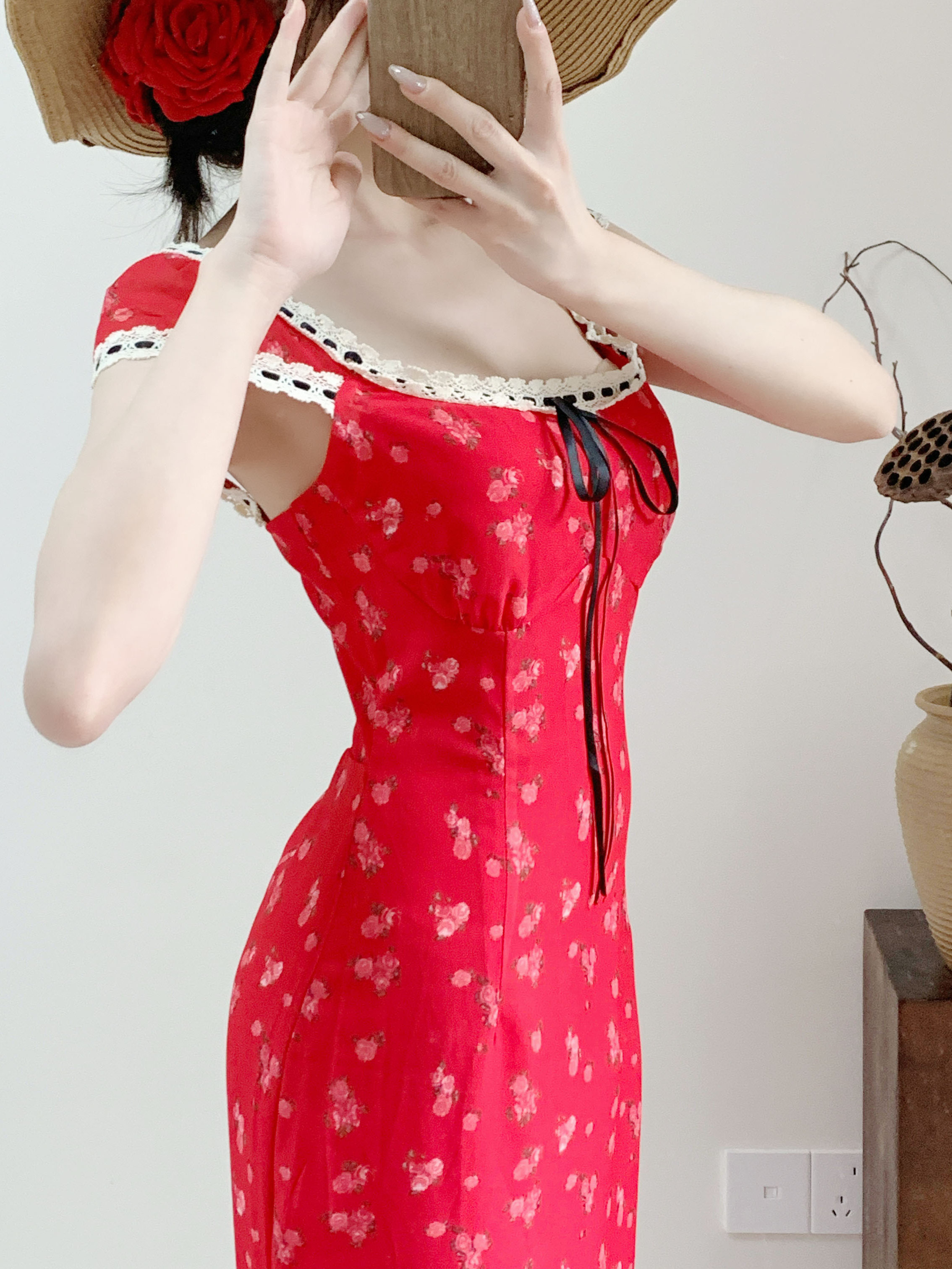 Dopamine Red Cherry Print Floral Spaghetti Strap Mermaid Dress for Women - Summer Vacation Long Skirt Seaside Style