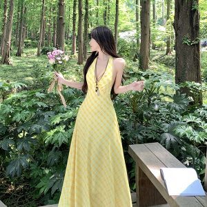 Dopamine Yellow Plaid V-Neck Halter Dress for Women, Long Summer Dress for Beach Vacation, Trendy 90s Style
