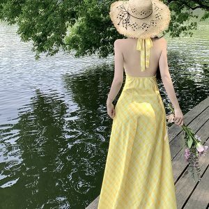 Dopamine Yellow Plaid V-Neck Halter Dress for Women, Long Summer Dress for Beach Vacation, Trendy 90s Style