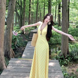 Dopamine Yellow Plaid V-Neck Halter Dress for Women, Long Summer Dress for Beach Vacation, Trendy 90s Style
