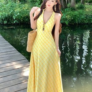 Dopamine Yellow Plaid V-Neck Halter Dress for Women, Long Summer Dress for Beach Vacation, Trendy 90s Style