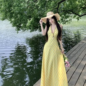 Dopamine Yellow Plaid V-Neck Halter Dress for Women, Long Summer Dress for Beach Vacation, Trendy 90s Style