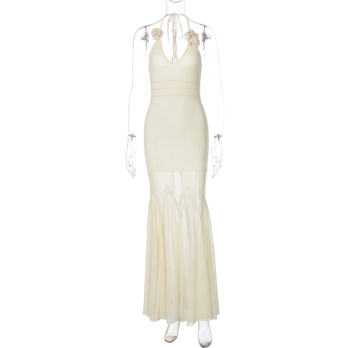 Double-Layer Mesh V-Neck Tie-Dye Halter Dress for Women - Elastic Slim Fit Long Dress, Perfect for Y2K and Summer Styles