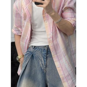 Dragon Talk Summer Plaid Pleated Textured Loose Hooded Long Sleeve Shirt - Versatile Sun Protection for Y2K Style