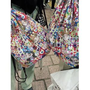Drawstring Closure Backpack with Japanese Cartoon Print, Nylon Fabric, Niche Design - Trendy Student School Bag