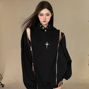 Early Autumn Niche Jacket Double Zipper Hollow Out Design Shoulder-Exposing Hoodie for a Stylish 90s Inspired Look