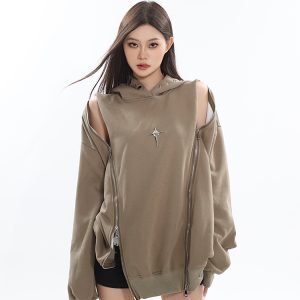 Early Autumn Niche Jacket Double Zipper Hollow Out Design Shoulder-Exposing Hoodie for a Stylish 90s Inspired Look