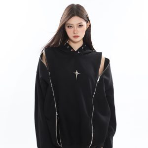Early Autumn Niche Jacket Double Zipper Hollow Out Design Shoulder-Exposing Hoodie for a Stylish 90s Inspired Look