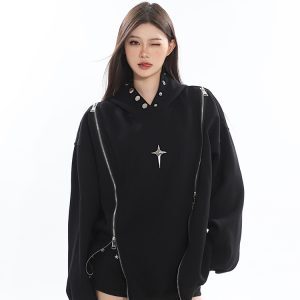 Early Autumn Niche Jacket Double Zipper Hollow Out Design Shoulder-Exposing Hoodie for a Stylish 90s Inspired Look