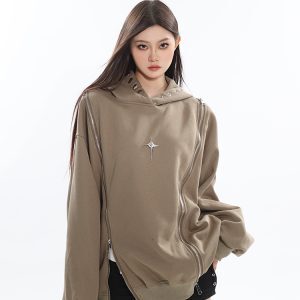 Early Autumn Niche Jacket Double Zipper Hollow Out Design Shoulder-Exposing Hoodie for a Stylish 90s Inspired Look