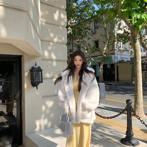 Eco-Friendly Faux Fur Hooded Winter Coat for Women - Thickened Warm White Outerwear