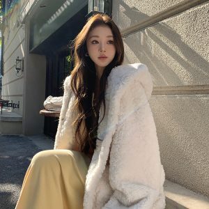 Eco-Friendly Faux Fur Hooded Winter Coat for Women - Thickened Warm White Outerwear